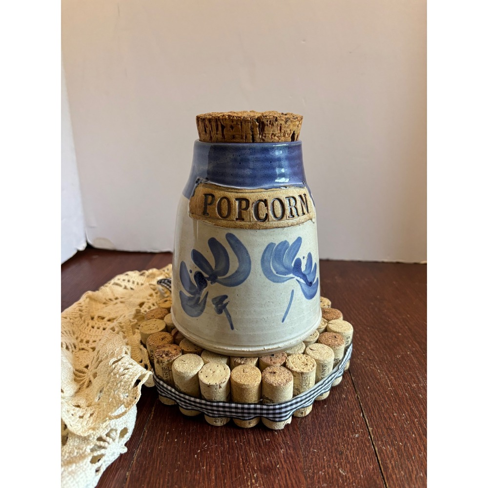 Stone Crow Pottery‎ Popcorn Jar Blue Floral Stoneware Cork Lid Hillsboro NM 6in